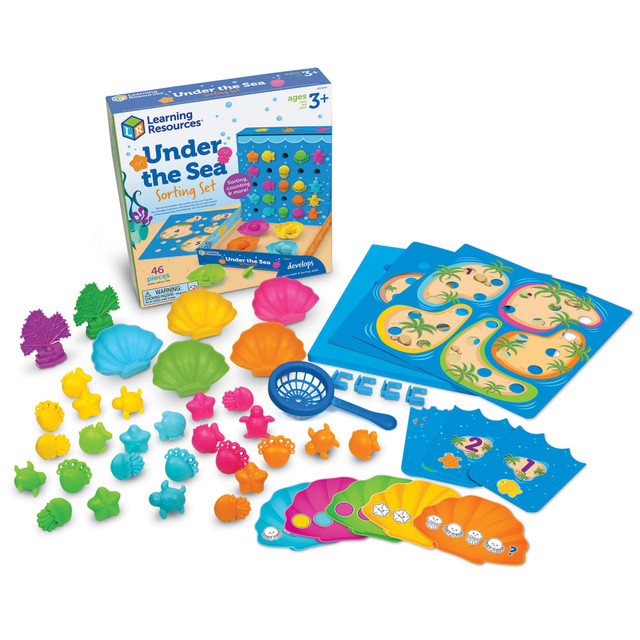 The Under the Sea Sorting Set from Learning Resources is a fun and educational toy designed to help kids develop early math, sorting, and fine motor skills. Featuring colorful sea creatures and two double-sided playmats, children can engage in 13 activities, including counting, sorting by shape, and using the toys for color recognition. This set offers both learning and imaginative play in one!  Develops counting, sorting, and fine motor skills  Includes 13 engaging toddler activities  Features sea creatures in five fun shapes and colors  Comes with two double-sided playmats for added imaginative play  Built-in storage for easy cleanup and organization  Ideal for kids aged 3 and up  Great gift for holidays, birthdays, or just because