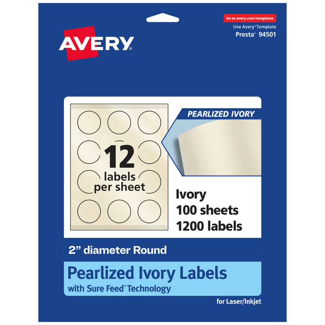 AVERY PRODUCTS CORPORATION 94501-PIP100 Avery Pearlized Permanent Labels With Sure Feed, 94501-PIP100, Round, 2in Diameter, Ivory, Pack Of 1,200 Labels AVERY PRODUCTS CORPORATION 94501-PIP100 Avery Pearlized Permanent Labels With Sure Feed, 94501-PIP100, Round, 2in Diameter, Ivory, Pack Of 1,200 Labels