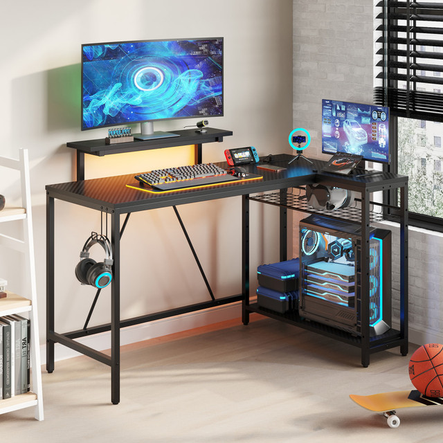COMFY ZONE US LLC H1006132US-BDCF Bestier L-Shaped Gaming Computer Desk With Power Outlet, LED Lights & Headset Hooks, 53inW, Carbon Fiber Black COMFY ZONE US LLC H1006132US-BDCF Bestier L-Shaped Gaming Computer Desk With Power Outlet, LED Lights & Headset Hooks, 53inW, Carbon Fiber Black