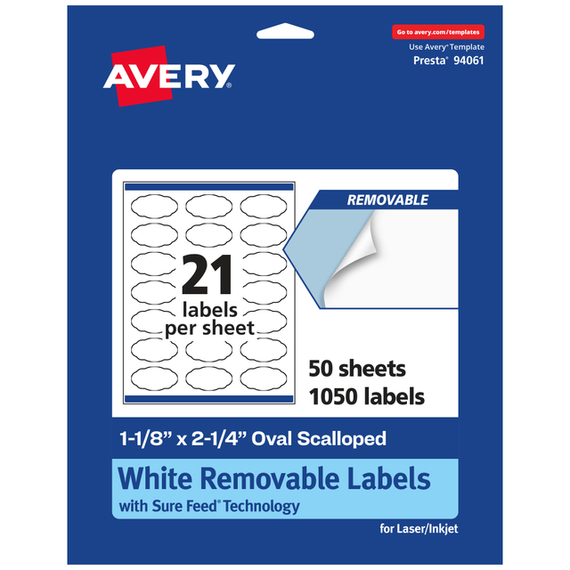 AVERY PRODUCTS CORPORATION 94061-RMP50 Avery Removable Labels With Sure Feed, 94061-RMP50, Oval Scalloped, 1-1/8in x 2-1/4in, White, Pack Of 1,050 Labels AVERY PRODUCTS CORPORATION 94061-RMP50 Avery Removable Labels With Sure Feed, 94061-RMP50, Oval Scalloped, 1-1/8in x 2-1/4in, White, Pack Of 1,050 Labels