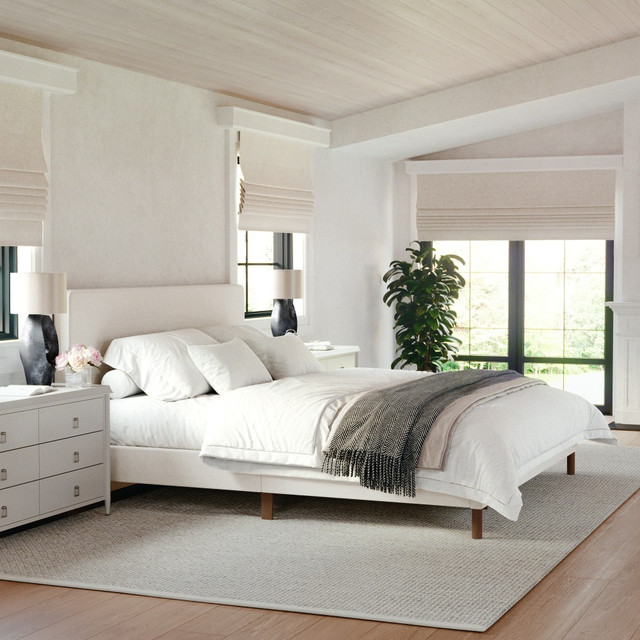 FLASH FURNITURE TW3WDB01KBG Martha Stewart Britta Upholstered Platform Bed with Rounded Headboard, Piped Detailing and Cushioned Siderails, Wood Slat Bottom, No Box Spring Needed, Beige Fabric/Walnut Legs, King FLASH FURNITURE TW3WDB01KBG Martha Stewart Britta Upholstered Platform Bed with Rounded Headboard, Piped Detailing and Cushioned Siderails, Wood Slat Bottom, No Box Spring Needed, Beige Fabric/Walnut Legs, King