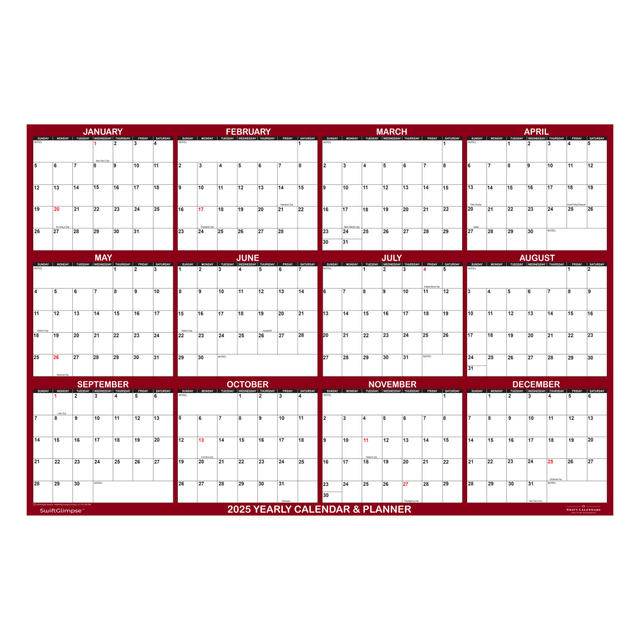 RELIABLE MAP COMPANY OF FLORIDA, LLC DBA SWIFTMAPS AND GRAPHICS SG 2025 MAR 36 2025 SwiftGlimpse Daily/Yearly Wall Calendar, 36in x 54in, Maroon, January 2025 To December 2025, SG 2025 MAR RELIABLE MAP COMPANY OF FLORIDA, LLC DBA SWIFTMAPS AND GRAPHICS SG 2025 MAR 36 2025 SwiftGlimpse Daily/Yearly Wall Calendar, 36in x 54in, Maroon, January 2025 To December 2025, SG 2025 MAR
