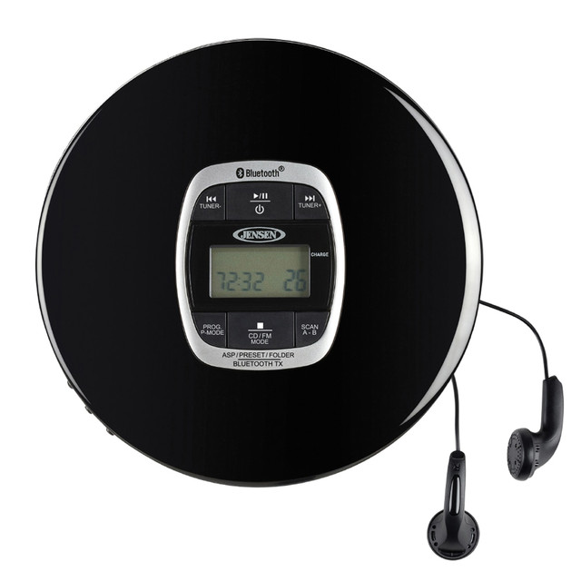 Bust out your CD collection and vibe with the JENSEN Personal CD-60R-BT Portable Bluetooth CD Player With Digital FM Radio And Earbuds. Built-in Bluetooth 5.0 technology lets you connect to most Bluetooth-enabled devices, while the dynamic bass boost helps improve the low end. The CD player features digital PLL FM radio so you can tune in to your favorite stations.  Bluetooth 5.0 technology enables audio streaming to most Bluetooth-enabled devices.  60-second anti-skip protection for CD. 120-second anti-skip protection for MP3.  Dynamic bass boost improves the low end.  Compatible with CDs, MP3 CDs and CD-R/RW.  Controls include skip/search forward and back, repeat 1 or all, and intro/random play.  Programmable memory.  Multi-function LCD display with auto power off to help prevent battery drain.  Digital PLL FM stereo radio with 30 presets.  Stereo headphone output.  Built-in rechargeable 1,000 mAh lithium-ion battery.  Includes earbuds and a USB to mini USB charging cable.  Backed by the manufacturer's 1-year limited warranty.