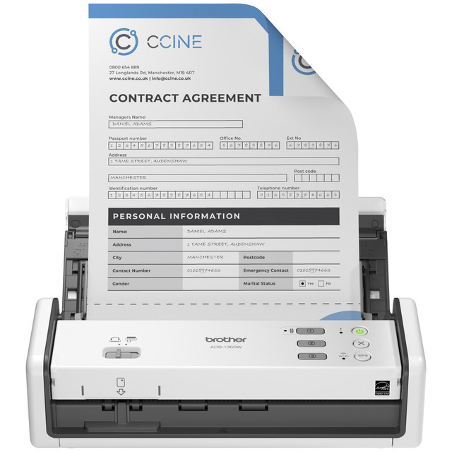 Set up this Brother scanner and take care of whatever work comes your way. The compact scanner can scan up to 60 pages per minute (ppm) with double-sided scanning to help you move through your workflow quickly. The wireless scanner makes it easy to connect to your devices.  Dual Contact Imaging Sensor for dependable scanning.  Scans up to 30 ppm in single-page scanning and up to 60 ipm in double-sided scanning.  Scans at resolutions up to 600 x 600 dpi (optical) and up to 1200 x 1200 dpi (interpolated).  Allows scanning to PC (image, email, OCR, Cloud, File) and a USB Memory Stick.  Special scan features include Blank page skip, Continuous scan, Background color removal, 2 in 1 scan and more.  Scans to PDF, TIFF, JPEG, TEXT and other formats.  Wireless technology and mobile device compatibility allow convenient connectivity. USB Type C 3.2 Gen1 interface allows reliable wired connections.  Accepts plain paper, receipts, business cards and plastic/laminated cards.  Auto Document Feeder (ADF) accepts up to 20 sheets.  Backed by the manufacturers 1-year limited warranty.