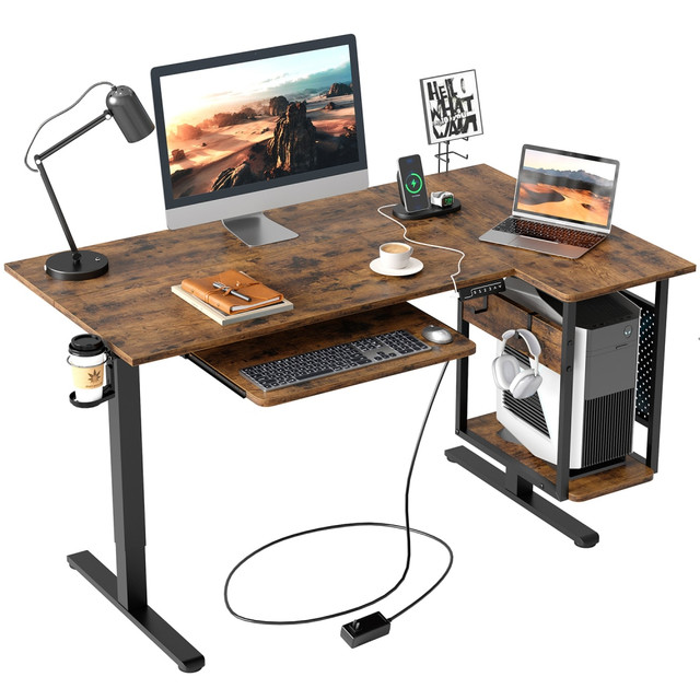 COMFY ZONE US LLC H1023145AUS-RST Bestier 58inW Electric Adjustable-Height Standing Desk With Keyboard Tray And CPU Host Shelf, Rustic Brown