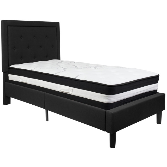 FLASH FURNITURE SLBM21 Roxbury Panel Tufted Upholstered Platform Bed and Pocket Spring Mattress, Twin, 51inH x 44-1/2inW x 81inL, Black FLASH FURNITURE SLBM21 Roxbury Panel Tufted Upholstered Platform Bed and Pocket Spring Mattress, Twin, 51inH x 44-1/2inW x 81inL, Black
