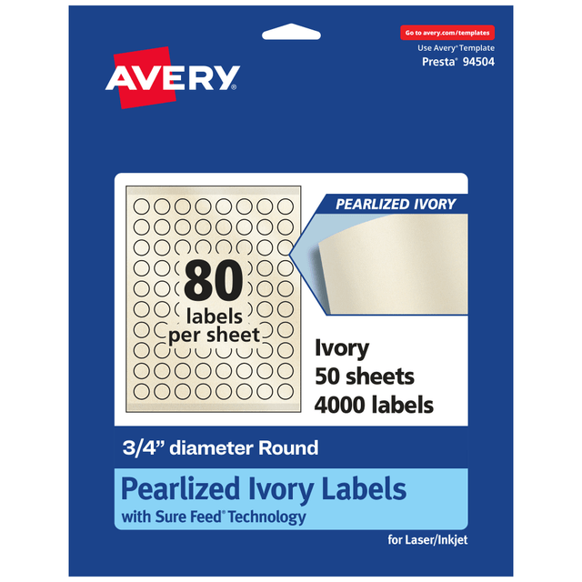 AVERY PRODUCTS CORPORATION 94504-PIP50 Avery Pearlized Permanent Labels With Sure Feed, 94504-PIP50, Round, 3/4in Diameter, Ivory, Pack Of 4,000 Labels