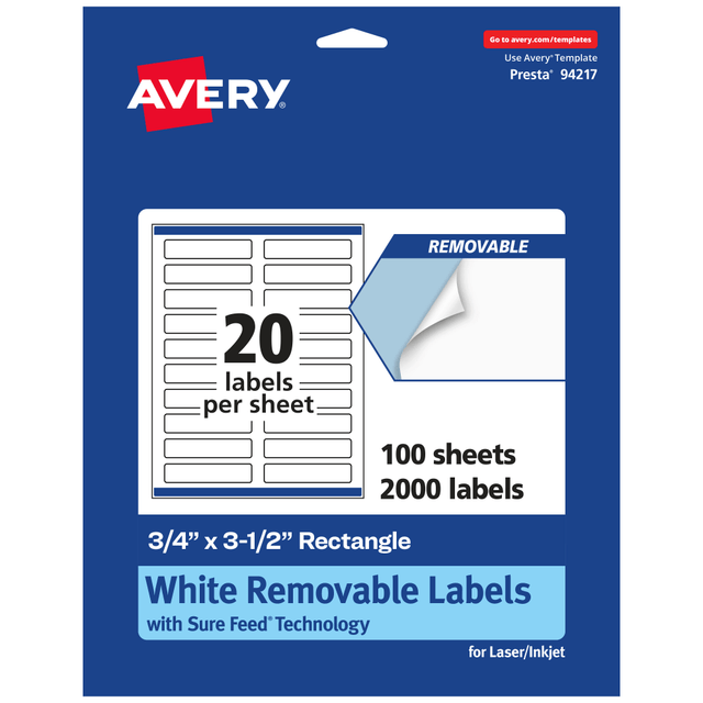 AVERY PRODUCTS CORPORATION 94217-RMP100 Avery Removable Labels With Sure Feed, 94217-RMP100, Rectangle, 3/4in x 3-1/2in, White, Pack Of 2,000 Labels AVERY PRODUCTS CORPORATION 94217-RMP100 Avery Removable Labels With Sure Feed, 94217-RMP100, Rectangle, 3/4in x 3-1/2in, White, Pack Of 2,000 Labels