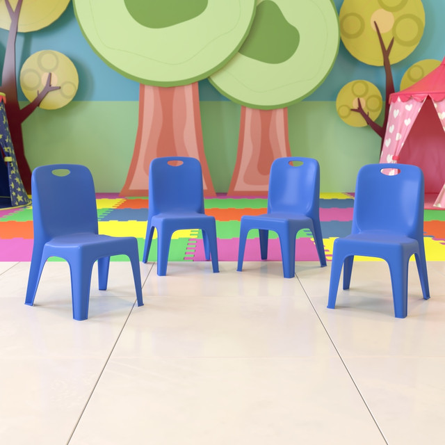 FLASH FURNITURE 4YUYCX4011BLUE Plastic Stackable School Chairs With Carrying Handle And 11in Seat Height, Blue, Set Of 4 Chairs FLASH FURNITURE 4YUYCX4011BLUE Plastic Stackable School Chairs With Carrying Handle And 11in Seat Height, Blue, Set Of 4 Chairs