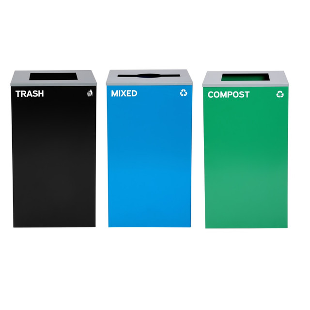ADIR CORP. ALP4450-BLK-KIT19 Alpine Industries Stainless-Steel Open Top Mixed, Compost And Trash Can Set With Square And Mixed Lids, 29 Gallons, 30inH x 16-15/16inW x 16-15/16inD, Black/Blue/Green, Set Of 3 Trash Cans