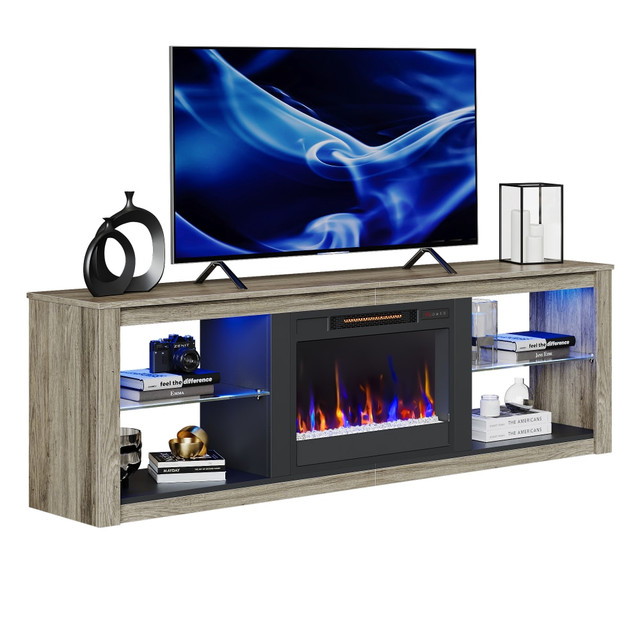 BESTIER L1003180-GRYW 70in Morden Electric Fireplace TV Stand For 75in TVs, 22-1/4inH x 71inW x 13-13/16inD, Gray Wash BESTIER L1003180-GRYW 70in Morden Electric Fireplace TV Stand For 75in TVs, 22-1/4inH x 71inW x 13-13/16inD, Gray Wash