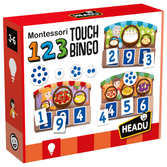 Learn early math concepts with the Headu 123 Montessori Touch Bingo. This bingo game helps kids learn about numerical sequences and making calculations while also learning how to count from 1 to 9.  Helps develop touch sensitivity with tactile numbers.  Teaches kids how to recognize numerical sequences and make calculations while also learning how to count from 1 to 9.
