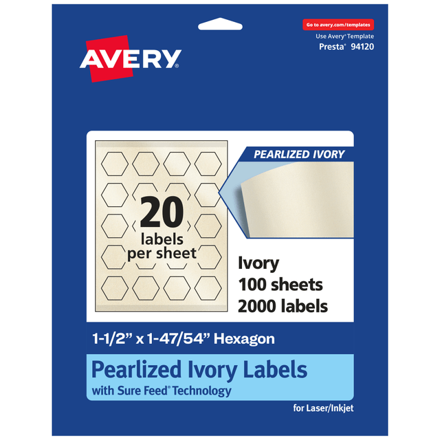 AVERY PRODUCTS CORPORATION 94120-PIP100 Avery Pearlized Permanent Labels With Sure Feed, 94120-PIP100, Hexagon, 1-1/2in x 1-47/54in, Ivory, Pack Of 2,000 Labels AVERY PRODUCTS CORPORATION 94120-PIP100 Avery Pearlized Permanent Labels With Sure Feed, 94120-PIP100, Hexagon, 1-1/2in x 1-47/54in, Ivory, Pack Of 2,000 Labels