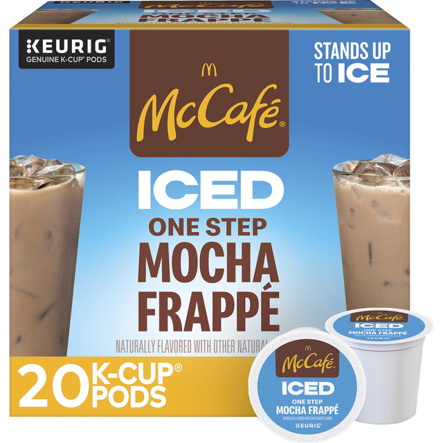 Enjoy a refreshing beverage with the McCafe K-Cup Iced One-Step Mocha Frappe Medium Roast K-Cup Pods. These pods are made with sweet and creamy medium roast coffee that provides a rich and chocolatey flavor, and they're caffeinated to help jumpstart your morning.  Provides a mix of sweet and creamy and rich and chocolatey flavor.  Caffeinated.  Kosher.  Compatible with most Keurig coffee brewers.  Recyclable.