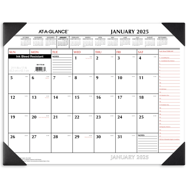 ACCO BRANDS USA, LLC SK11700025 2025 AT-A-GLANCE 2-Color Monthly Desk Pad, 21-3/4in x 17in, Traditional, January 2025 To December 2025, SK11700025