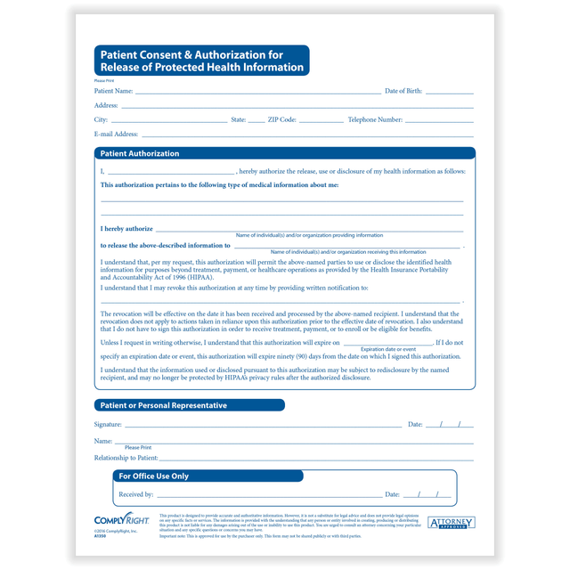 R & R VENTURES A1350 ComplyRight HIPAA Patient Consent & Authorization For Release of PHI, 8-1/2in x 11in, Pack of 200 R & R VENTURES A1350 ComplyRight HIPAA Patient Consent & Authorization For Release of PHI, 8-1/2in x 11in, Pack of 200