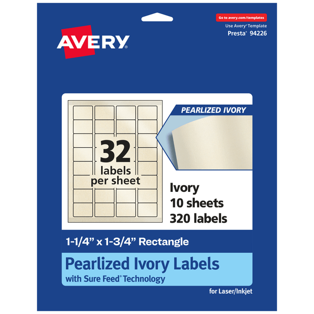AVERY PRODUCTS CORPORATION 94226-PIP10 Avery Pearlized Permanent Labels With Sure Feed, 94226-PIP10, Rectangle, 1-1/4in x 1-3/4in, Ivory, Pack Of 320 Labels AVERY PRODUCTS CORPORATION 94226-PIP10 Avery Pearlized Permanent Labels With Sure Feed, 94226-PIP10, Rectangle, 1-1/4in x 1-3/4in, Ivory, Pack Of 320 Labels