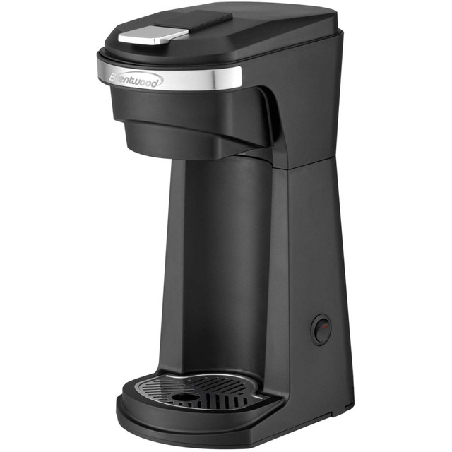 Look to this Brentwood coffee maker to get a boost early in the morning or throughout the day. The K-Cup and ground coffee maker offers a versatile design and is easy to clean thanks to its removable components.  800 watts of power for dependable brewing.  Single-serve coffee maker is compatible with K-Cups, soft pods and grounds.  Accepts mugs up to 7-1/2inH.  Holds up to 14 oz of water.  Single-button operation for easy use.  Lid locks in place to prevent spills.  Made of BPA-free plastic for years of use.  Removable drip tray, filter cup, pod holder for easy cleaning.  Reusable mesh filter basket for convenience.  Power indicator light lets you know when its running.  Backed by the manufacturers 1-year limited warranty.  Black for home or office environments.