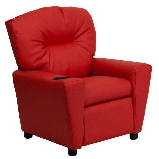 Add a fun, cozy touch to your childs play area or movie room with the Flash Furniture Contemporary Kids Vinyl Recliner Accent Chair With Cup Holder. A padded seat and back offer lasting comfort, while the reclining design offers ample relaxation. An integrated cup holder houses drinks and snacks.  Overall Dimensions: 28inH x 24-1/2inW x 39inD.  Weight capacity tested to support 90 lb.  Solid hardwood frame.  Vinyl-upholstered padded back and seat.  Made with CAL 117 fire-retardant foam.  Padded armrests offer comfort.  Cup holder built into 1 armrest.  Child must be in the seated position and pull ottoman 1in out before the back reclines.  Kids recliner requires 6in of wall clearance.Spot clean with a water-based cleaner.  Assembly required.