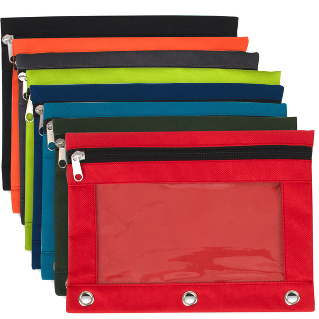 Organize your writing utensils with the Trailmaker 3-Ring Pencil Cases. The cases are made of 600D polyester for durability, while the transparent windows provide convenient visibility.  Fits into most 3-ring binders.  Transparent windows offer visibility.  Made of durable 600D polyester.  Secure zipper closures.