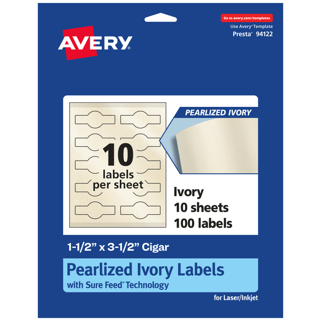AVERY PRODUCTS CORPORATION 94122-PIP10 Avery Pearlized Permanent Labels With Sure Feed, 94122-PIP10, Cigar, 1-1/2in x 3-1/2in, Ivory, Pack Of 100 Labels AVERY PRODUCTS CORPORATION 94122-PIP10 Avery Pearlized Permanent Labels With Sure Feed, 94122-PIP10, Cigar, 1-1/2in x 3-1/2in, Ivory, Pack Of 100 Labels