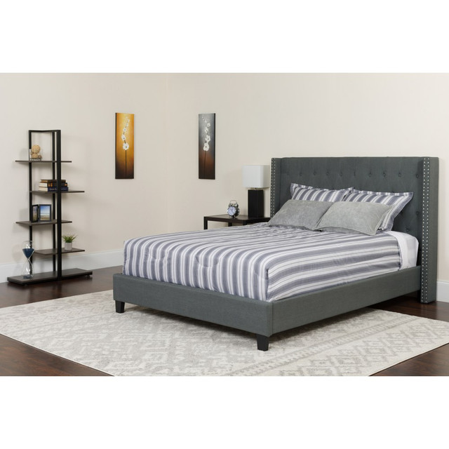 FLASH FURNITURE HGBMF46 Riverdale Tufted Upholstered Platform Bed With Accent Nail Trimmed Extended Sides And Memory Foam Pocket Spring Mattress, Full, Dark Gray FLASH FURNITURE HGBMF46 Riverdale Tufted Upholstered Platform Bed With Accent Nail Trimmed Extended Sides And Memory Foam Pocket Spring Mattress, Full, Dark Gray