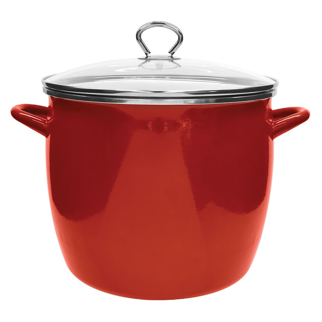 EKCO(R) 4043709 Vasconia Enamel-On-Steel Stockpot With Glass Lid, 12 Qt, Red
