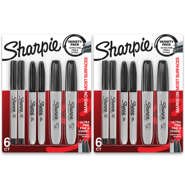 EDUCATORS RESOURCE SAN2135318-2 Sharpie Permanent Markers Variety Pack, Fine/Ultra-Fine/Chisel Point, Black, Pack Of 6 Markers, Set Of 2 Packs
