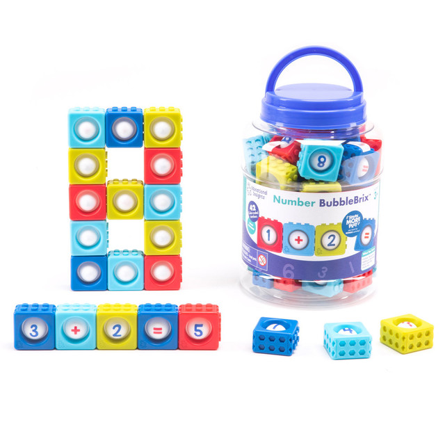Grab these Educational Insights Number BubbleBrix and help kids learn about number sequences. The blocks can be pressed and popped for a tactile experience and come with a bucket for storage.  Children can press a number block and feel and hear it pop to learn the name. Then, snap it to another block and create a number sequence.  Comes with 42 BubbleBrix, a storage bucket with a handle and an activity guide.