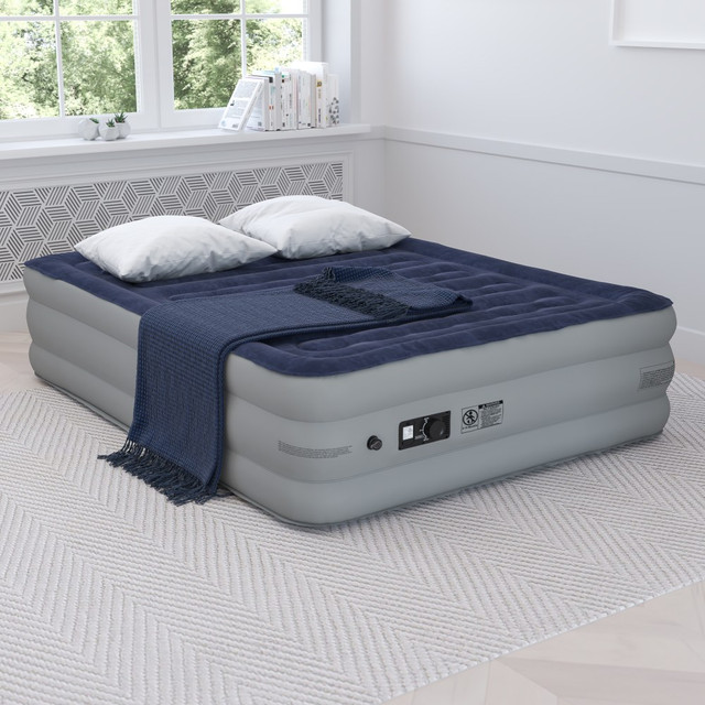 FLASH FURNITURE WGAM10118Q Air Mattress With ETL Certified Internal Electric Pump And Carrying Case, Queen, Blue FLASH FURNITURE WGAM10118Q Air Mattress With ETL Certified Internal Electric Pump And Carrying Case, Queen, Blue