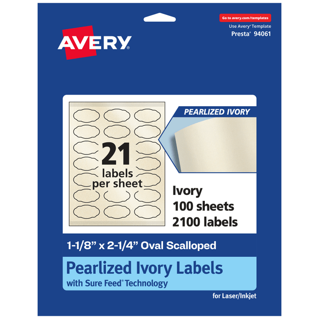 AVERY PRODUCTS CORPORATION 94061-PIP100 Avery Pearlized Permanent Labels With Sure Feed, 94061-PIP100, Oval Scalloped, 1-1/8in x 2-1/4in, Ivory, Pack Of 2,100 Labels