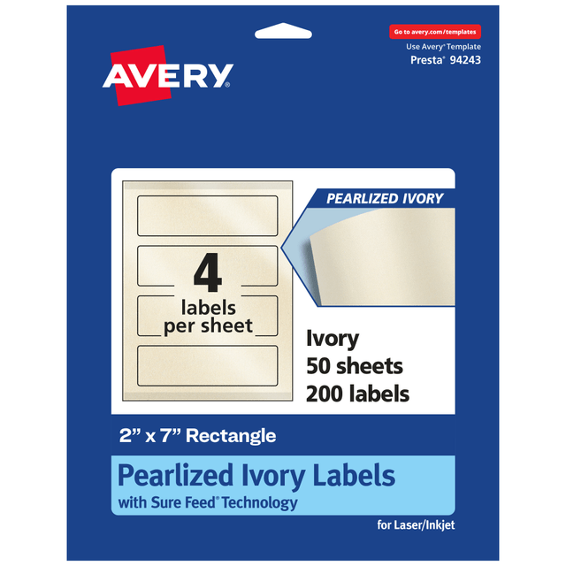 AVERY PRODUCTS CORPORATION 94243-PIP50 Avery Pearlized Permanent Labels With Sure Feed, 94243-PIP50, Rectangle, 2in x 7in, Ivory, Pack Of 200 Labels AVERY PRODUCTS CORPORATION 94243-PIP50 Avery Pearlized Permanent Labels With Sure Feed, 94243-PIP50, Rectangle, 2in x 7in, Ivory, Pack Of 200 Labels