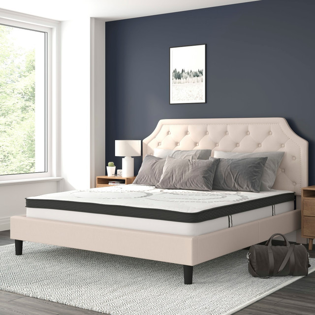 FLASH FURNITURE SLBM104  Brighton Tufted Upholstered Platform Bed With 10in CertiPUR-US Certified Foam And Pocket Spring Mattress, King, Beige