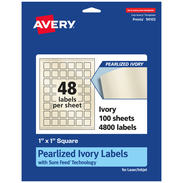 AVERY PRODUCTS CORPORATION 94103-PIP100 Avery Pearlized Permanent Labels With Sure Feed, 94103-PIP100, Square, 1in x 1in, Ivory, Pack Of 4,800 Labels AVERY PRODUCTS CORPORATION 94103-PIP100 Avery Pearlized Permanent Labels With Sure Feed, 94103-PIP100, Square, 1in x 1in, Ivory, Pack Of 4,800 Labels