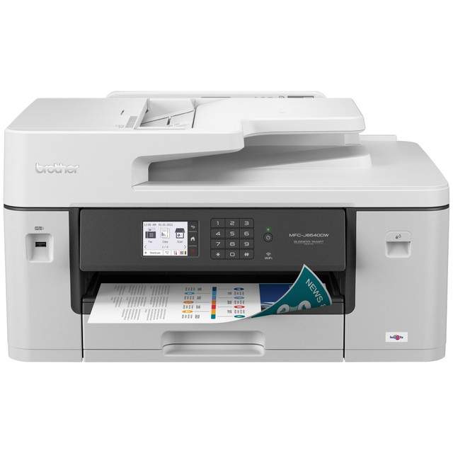 The Brother MFC-J6540DW Color Inkjet All-in-One Printer delivers fast, economical, reliable, professional-quality printing for any home office or small office. Print, copy, scan, and fax up to 11inx17in (Ledger) size. Offering energy-efficient and advance security features and powered by Brother MAXIDRIVE Inkjet Technology, delivering Brother's fastest traditional color inkjets ever.  FEATURES BROTHER MAXIDRIVE INKJET TECHNOLOGY: Delivering Brother's fastest and most durable traditional color inkjets ever - up to 28 ppm(1).  PRINT, SCAN, COPY, FAX UP TO 11in X 17in (LEDGER) SIZE: 250-sheet capacity paper tray2, single sheet bypass tray and 50-page automatic document feeder(2).  TRIPLE LAYER SECURITY HELPS KEEP DOCUMENTS SECURE: Helps create secure connections to the device and network, safeguarding sensitive documents while printing.  CONNECT YOUR WAY: With built-in dual band wireless (2.4GHz / 5GHz)(3), Wi-Fi Direct, Ethernet or local USB connection, or print & scan on-the-go with the Brother Mobile Connect App(4).  PRINT CONFIDENTLY WITH BROTHER GENUINE INK: From presentations to business reports, Brother Genuine Ink is engineered to perform optimally with your Brother Color Inkjet printer.  GET WORRY FREE PRINTING WITH REFRESH EZ PRINT SUBSCRIPTION SERVICE: Take buying ink off your to-do list forever with the Refresh EZ Print Subscription smart print service. Get free delivery of Brother Genuine Ink right to your door, exactly when you need it, and you can save up to 50% on ink(5). Try Refresh free today!  DISCLAIMERS: (1) Based on ISO/IEC 24734 (after first set of ISO test pages). For inkjet print speed methodology, please visit www.brother-usa.com/printspeed. (2) Maximum capacity based on using 20lb. paper. (3) Wireless connection required. (4) Requires connection to a wireless network. Brother Mobile Connect free app download is not available in all countries. (5) Based on monthly subscription cost in U.S. for Mono Laser Power Plan vs. average cost per page of eligible like standard capacity cartridges. Savings will vary based on Refresh EZ Print Subscription plan selected.