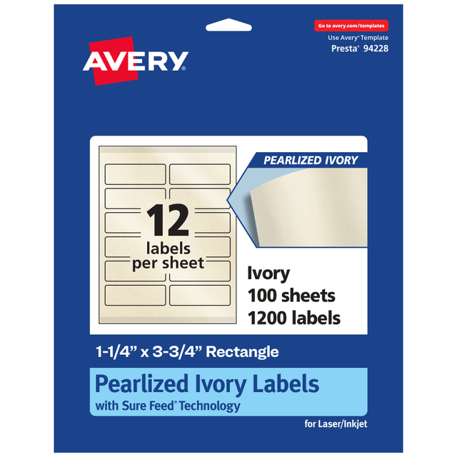 AVERY PRODUCTS CORPORATION 94228-PIP100 Avery Pearlized Permanent Labels With Sure Feed, 94228-PIP100, Rectangle, 1-1/4in x 3-3/4in, Ivory, Pack Of 1,200 Labels AVERY PRODUCTS CORPORATION 94228-PIP100 Avery Pearlized Permanent Labels With Sure Feed, 94228-PIP100, Rectangle, 1-1/4in x 3-3/4in, Ivory, Pack Of 1,200 Labels