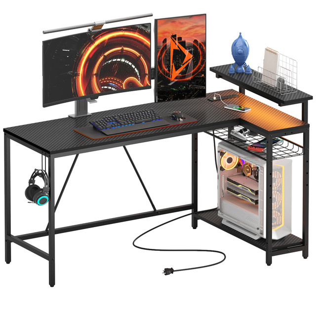 COMFY ZONE US LLC H1006147US-BDCF Bestier L-Shaped Gaming Computer Desk With Power Outlet, LED Lights & Headset Hooks, 59inW, Carbon Fiber Black COMFY ZONE US LLC H1006147US-BDCF Bestier L-Shaped Gaming Computer Desk With Power Outlet, LED Lights & Headset Hooks, 59inW, Carbon Fiber Black