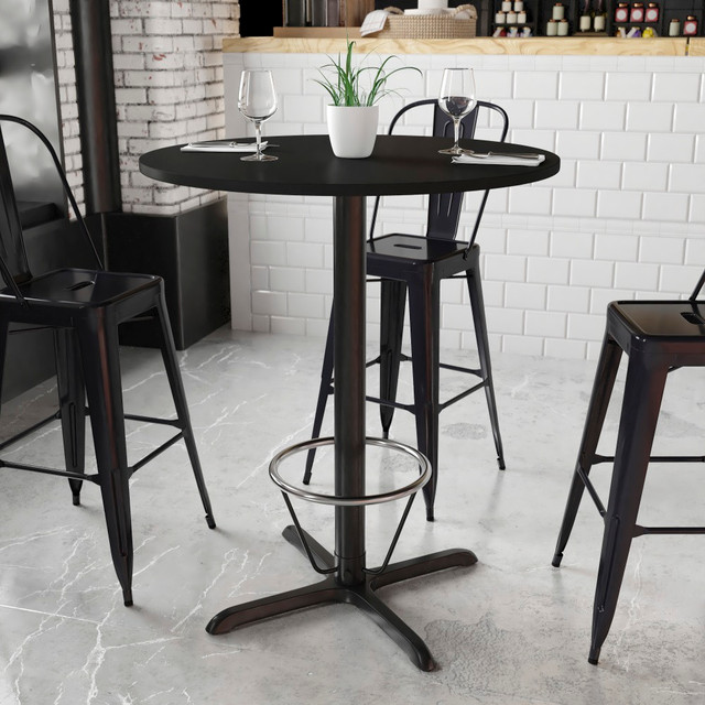FLASH FURNITURE XURD36BKT30B3F  Round Laminate Table Top With Bar Height Table Base And Foot Ring, 43-3/16inH x 36inW x 36inD, Black
