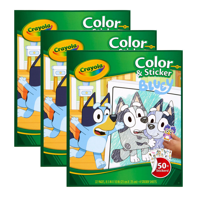 Little ones can bring their favorite Disney Bluey characters to life with the Crayola Color & Sticker Book! Each book includes 32 coloring pages and 4 sticker sheets featuring Bluey, Bingo, Chilli, and their friends, along with over 50 stickers to enhance their artwork. Perfect for rainy days or on-the-go fun, this set makes a great gift for kids ages 3 and up.  Includes 32 coloring pages and 4 sticker sheets per book  Features over 50 stickers with Bluey and her friends  Ideal for decorating journals, pencil cases, or other crafts  Encourages creativity with favorite Bluey characters  Great gift idea for Bluey fans, especially when paired with crayons or toys  Sold as a pack of 3 identical Color & Sticker Books  ACMI Certified AP Nontoxic. For detailed information see www.acmiart.org.  Less harsh chemicals - made with fewer harsh chemicals, or safer chemicals than typical alternatives, helping  reduce your use of and exposure to substances that may be more harmful to your health and the environment.