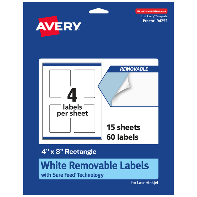 AVERY PRODUCTS CORPORATION 94252-RMP15 Avery Removable Labels With Sure Feed, 94252-RMP15, Rectangle, 4in x 3in, White, Pack Of 60 Labels AVERY PRODUCTS CORPORATION 94252-RMP15 Avery Removable Labels With Sure Feed, 94252-RMP15, Rectangle, 4in x 3in, White, Pack Of 60 Labels