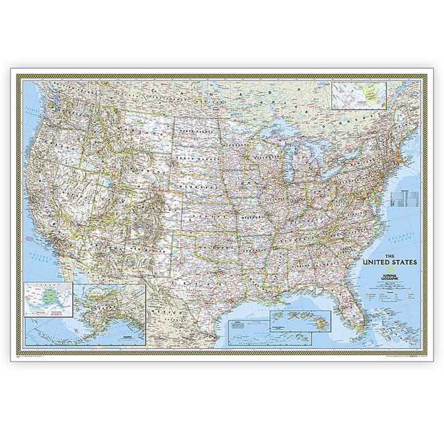 Expertly researched and designed, National Geographics United States wall map is the standard by which other reference maps of the U.S. are measured. Signature Classic styling with bright, easy to read color palette with blue water and colorful state borders.  All 50 states with insets for Hawaiian Islands and Alaska plus inset showing relative size of Alaska.  Clearly defined state and country boundaries, cities, islands, national parks, and physical features.  Thousands of place names carefully and artfully placed to maintain legibility in heavily populated areas.  Background shows mountain ranges and valleys in subtle shaded relief with mountain ranges labeled.  Major water bodies including rivers, lakes, gulfs, bays, straits, and ocean bathymetry.  Transportation routes including interstate highways, major state routes, airports, waterways, canals, and ferries.  Enlarged maps provide an immersive experience in any home or office environment.  The exceptional cartography is even easier to appreciate at the larger size.  The map is encapsulated in heavy-duty 1.6 mil laminate which makes the paper much more durable and resistant to the swelling and shrinking caused by changes in humidity.  Laminated maps can be framed without the need for glass, so the frames can be much lighter and less expensive.  Measures 69.25in x 48in.