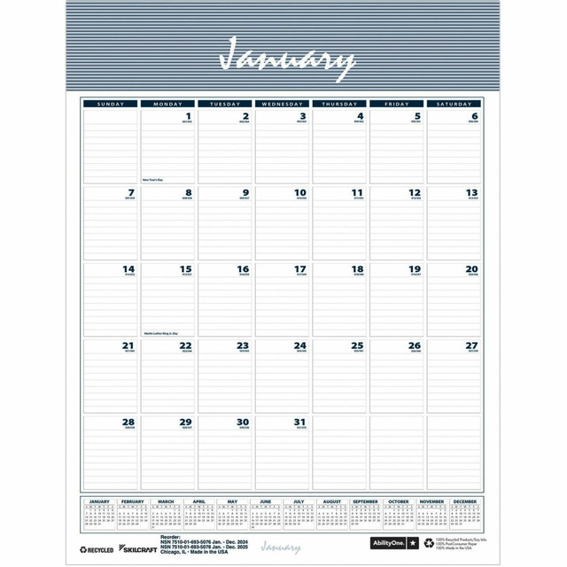 NATIONAL INDUSTRIES FOR THE BLIND 7510-01-693-5078 SKILCRAFT Wall Calendar - Monthly - 12 Month - January 2025 - December 2025 - 1 Month Single Page Layout - Wire Bound - Wall Mount - Multi NATIONAL INDUSTRIES FOR THE BLIND 7510-01-693-5078 SKILCRAFT Wall Calendar - Monthly - 12 Month - January 2025 - December 2025 - 1 Month Single Page Layout - Wire Bound - Wall Mount - Multi