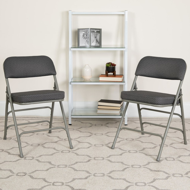 FLASH FURNITURE 2AWMC320AFGRY HERCULES Series Premium Curved Triple Braced & Hinged Fabric Upholstered Metal Folding Chairs, Gray, Set Of 2 Chairs FLASH FURNITURE 2AWMC320AFGRY HERCULES Series Premium Curved Triple Braced & Hinged Fabric Upholstered Metal Folding Chairs, Gray, Set Of 2 Chairs