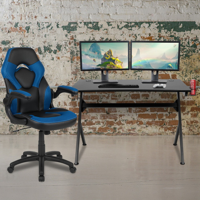 FLASH FURNITURE BLNX10D1904BL  Gaming Desk And Racing Chair Set With Cup Holder, Headphone Hook & 2 Wire Management Holes, Blue