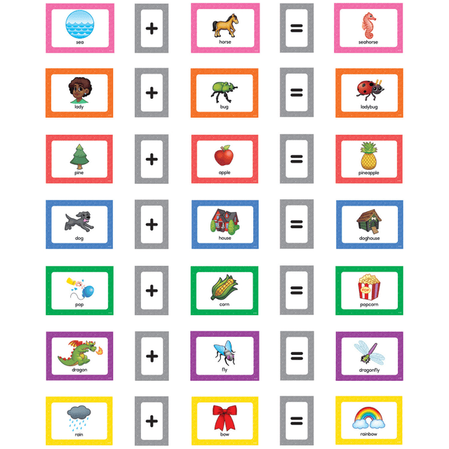 Students will quickly master compound word skills with these pocket chart cards.  Each set includes 102 picture word cards to build compound word equations, 6 blank cards, 30 "+" cards, and 30 "=" cards. Each set includes 168 (3-1/4in tall) total cards.  Sold as 2 sets for a total of 336 cards.