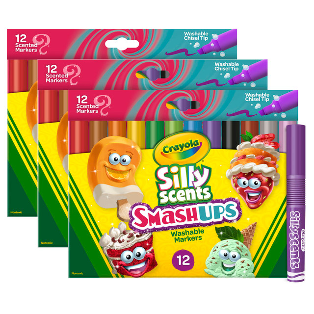EDUCATORS RESOURCE BIN588279-3 Crayola Silly Scents Smash Ups Washable Scented Markers, 36 Markers, Wedge Tip, Assorted Colors, 12 Markers Per Pack, Set Of 3 Packs EDUCATORS RESOURCE BIN588279-3 Crayola Silly Scents Smash Ups Washable Scented Markers, 36 Markers, Wedge Tip, Assorted Colors, 12 Markers Per Pack, Set Of 3 Packs