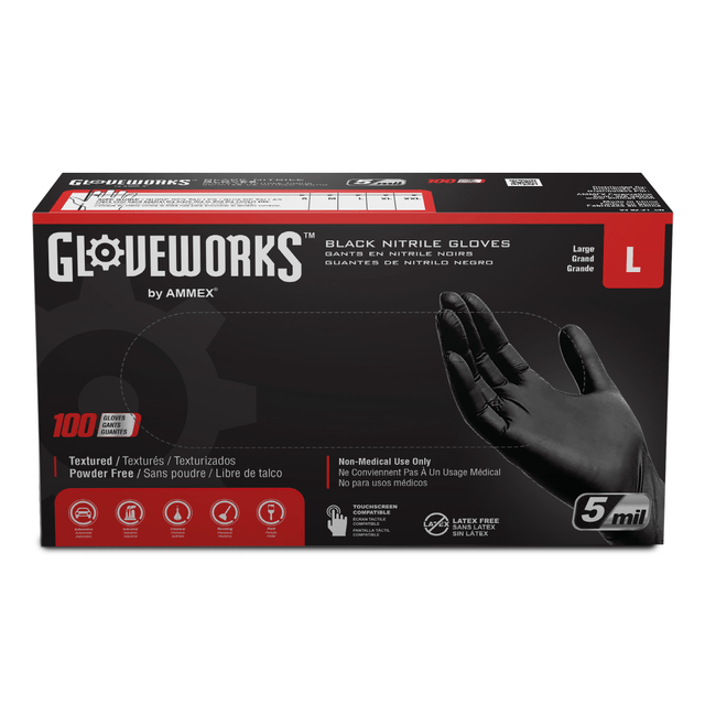 AMMEX CORPORATION GPNB46100 Gloveworks Black Nitrile Industrial Powder-Free Disposable Gloves, Large, Black, Box Of 100 Gloves AMMEX CORPORATION GPNB46100 Gloveworks Black Nitrile Industrial Powder-Free Disposable Gloves, Large, Black, Box Of 100 Gloves