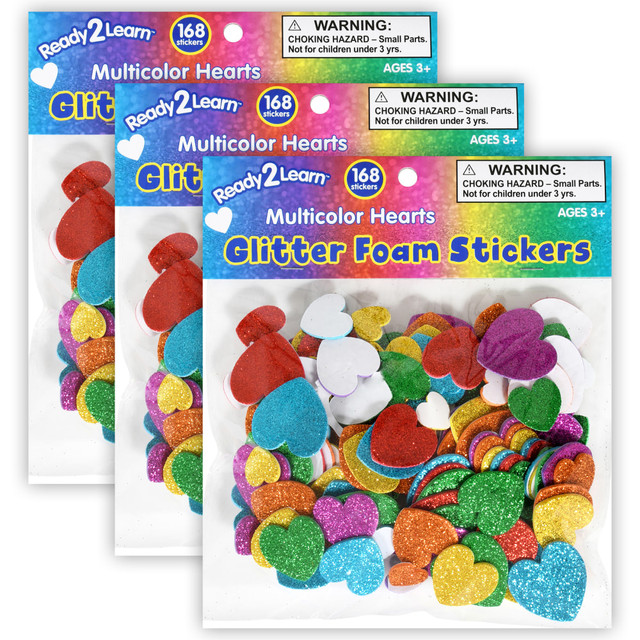 Decorate projects, classroom surfaces and more with the Ready 2 Learn Glitter Foam Stickers. The stickers are made of thick, durable material for lasting use, and they have a self-adhesive backing for easy application.  Made of thick, durable material.  Self-adhesive backing allows for easy application.  Includes 6 each of uppercase letters A to Z.  Includes 6 colors and 4 shapes each of hearts.