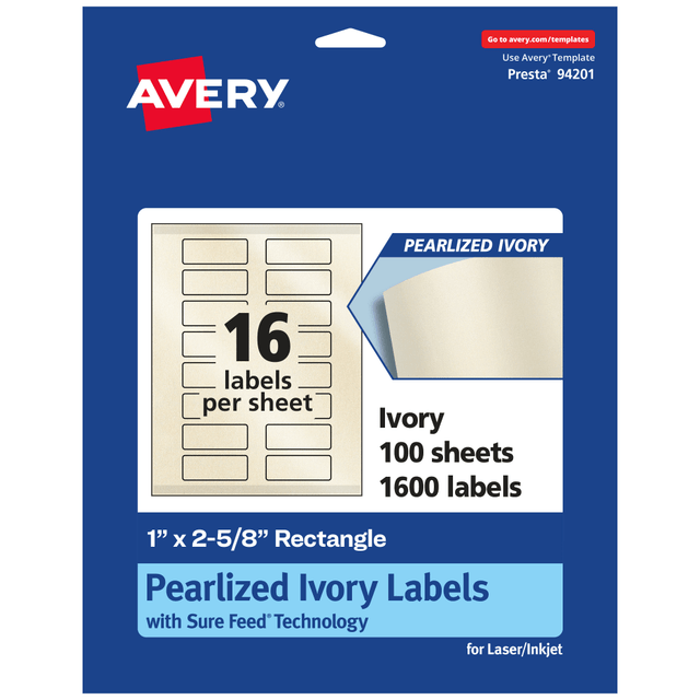 AVERY PRODUCTS CORPORATION 94201-PIP100 Avery Pearlized Permanent Labels With Sure Feed, 94201-PIP100, Rectangle, 1in x 2-5/8in, Ivory, Pack Of 1,600 Labels