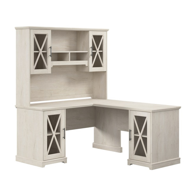 BUSH INDUSTRIES INC. LEN005LW Bush Business Furniture Lennox 60inW Farmhouse L-Shaped Corner Desk With Hutch And Storage Cabinets, Linen White Oak, Standard Delivery BUSH INDUSTRIES INC. LEN005LW Bush Business Furniture Lennox 60inW Farmhouse L-Shaped Corner Desk With Hutch And Storage Cabinets, Linen White Oak, Standard Delivery